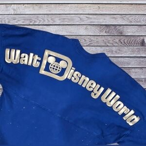 Walt Disney World SZ XS Blue Spirit Jersey Raised Puffed Spellout Long Sleeve